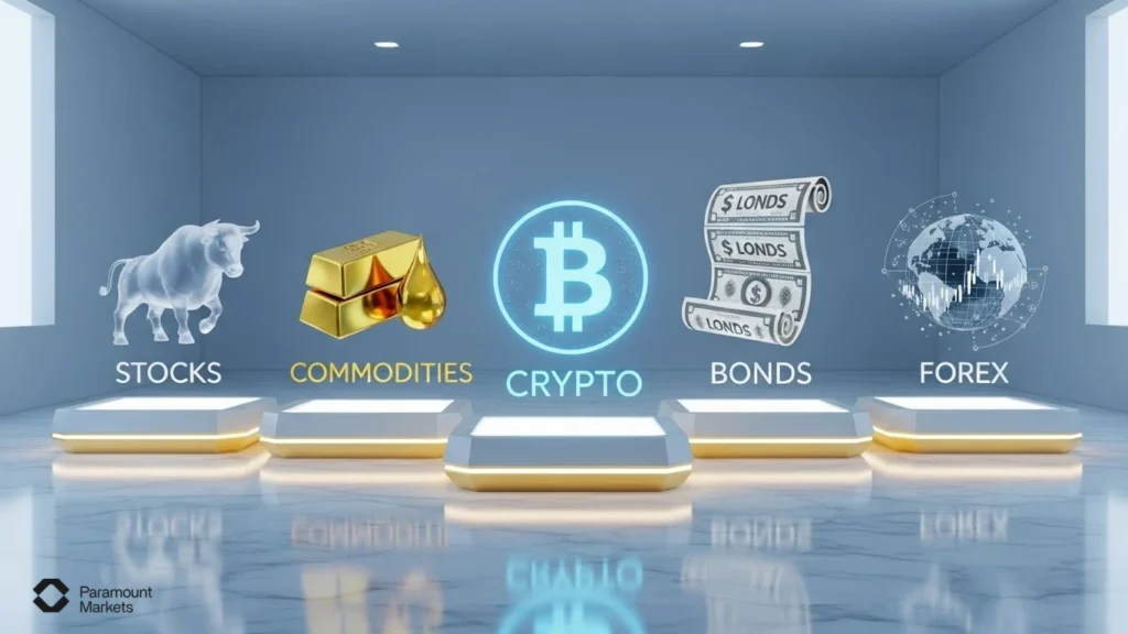 displaying different types of financial markets, categorizing assets into company shares, debt instruments, commodities, and currency.