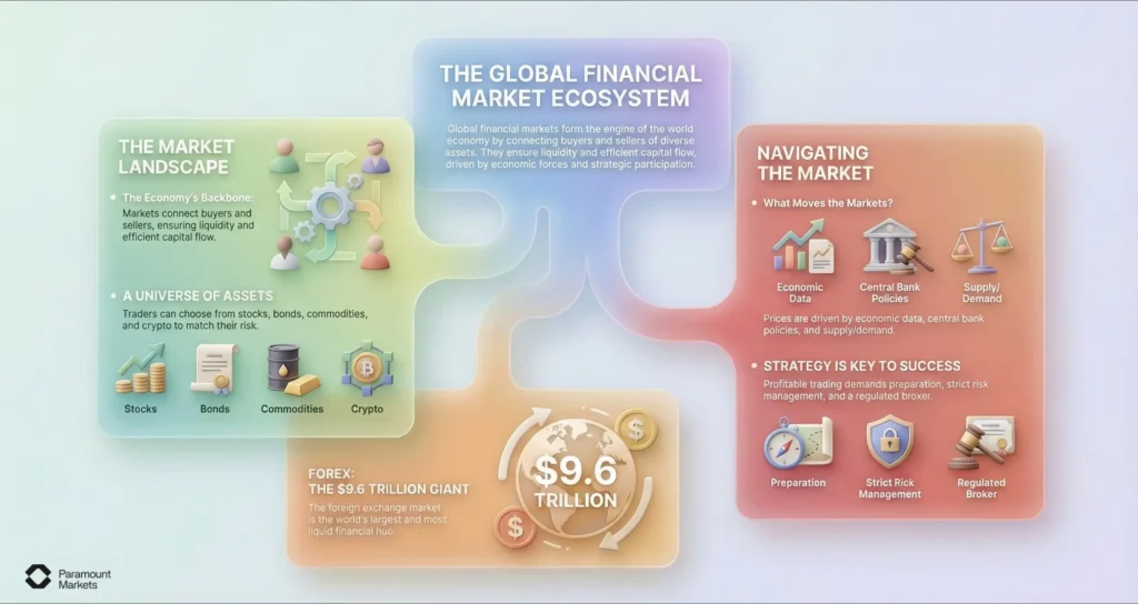 Infographic titled 'The Global Financial Market Ecosystem' explaining what is financial markets by mapping out asset classes like stocks and crypto, and highlighting the $9.6 trillion Forex market.