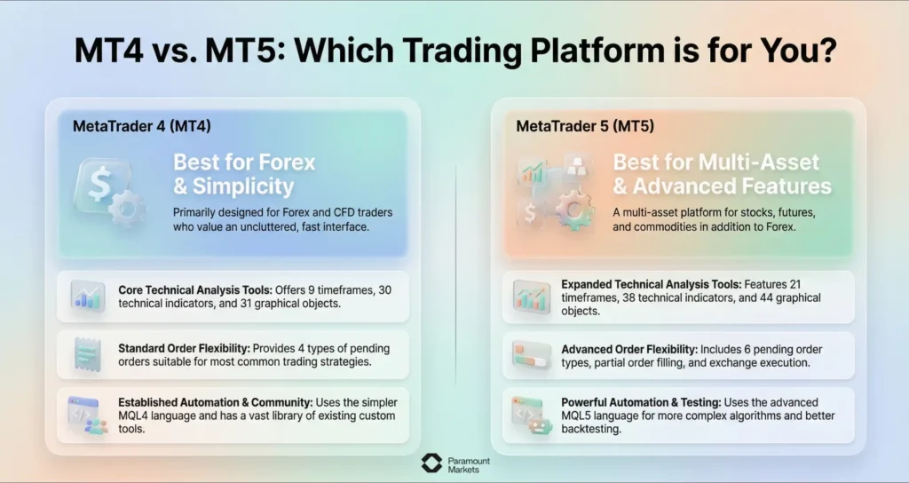 Comparison chart titled 'MT4 vs. MT5: Which Trading Platform is for You?', illustrating MT4 as best for Forex simplicity and MT5 for advanced multi-asset trading features.