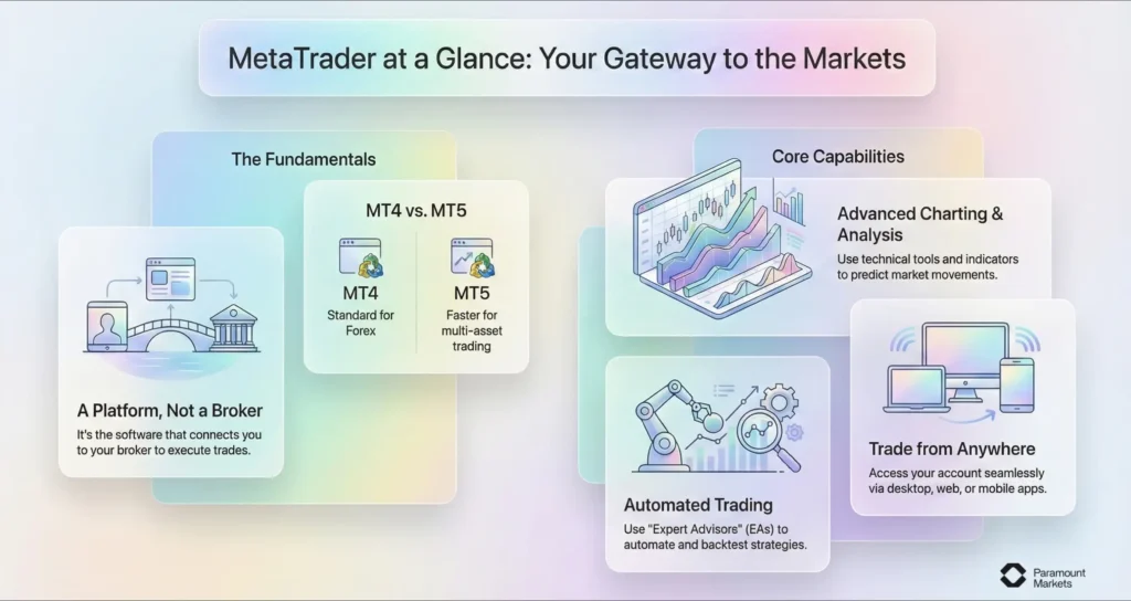 Infographic explaining what is MetaTrader by outlining its fundamentals, such as MT4 vs. MT5, and core capabilities like automated trading and advanced charting.