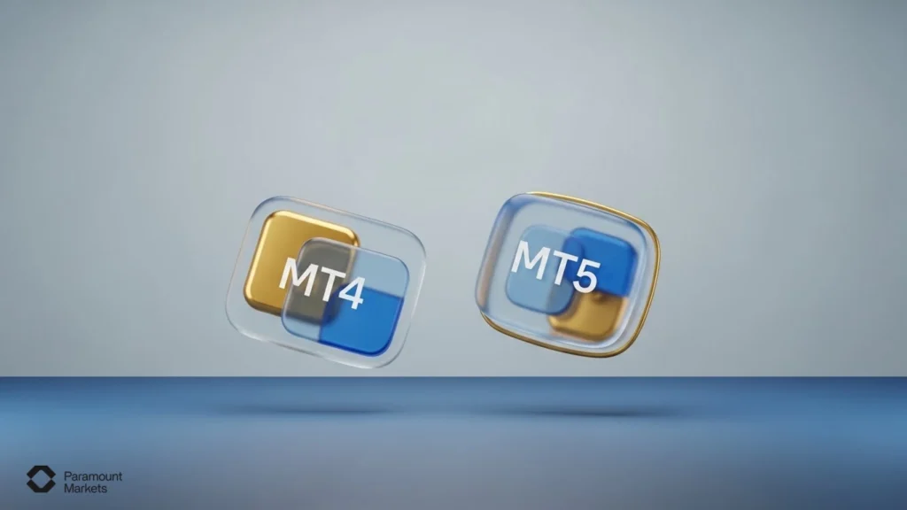 Side-by-side comparison of MetaTrader 4 (MT4) and MetaTrader 5 (MT5), distinguishing MT4 as the standard for Forex and MT5 as the advanced platform for multi-asset trading.