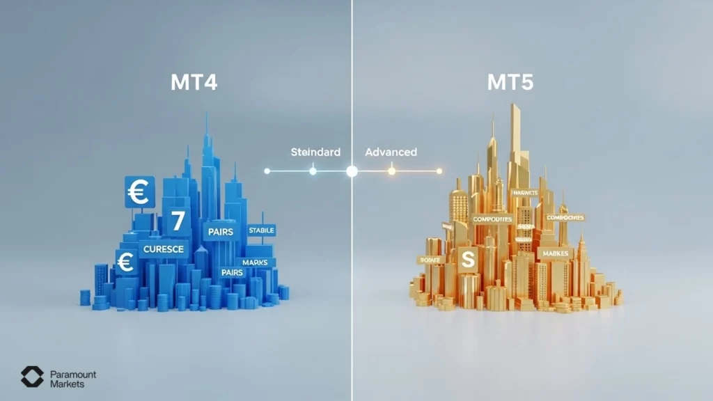 Visual comparison of MetaTrader 4 vs MetaTrader 5, highlighting MT4 as the choice for Forex and MT5 for multi-asset trading and complex strategies.