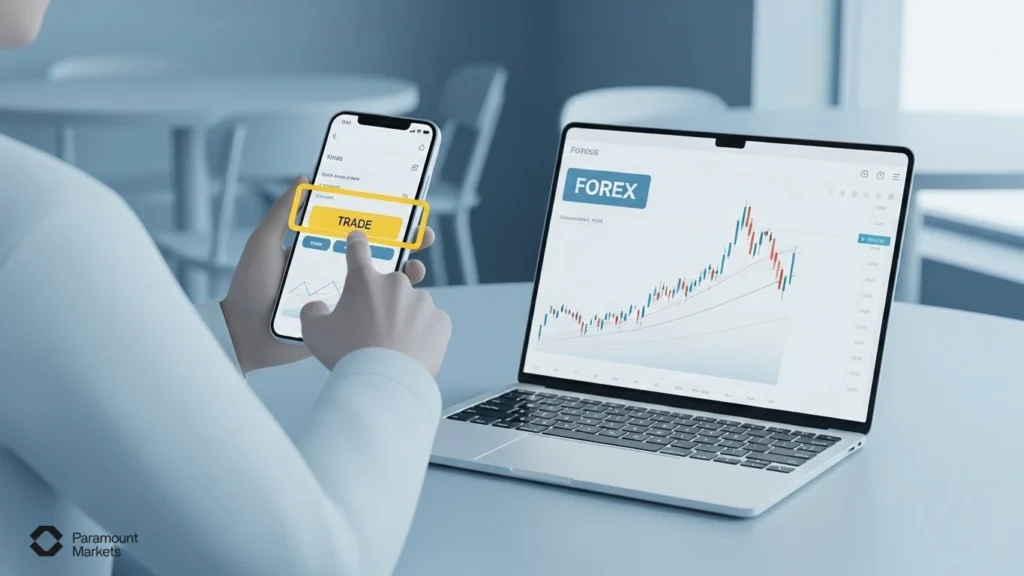 Trader executing a trade on a mobile app alongside a laptop displaying Forex charts, illustrating MetaTrader platform accessibility across devices.