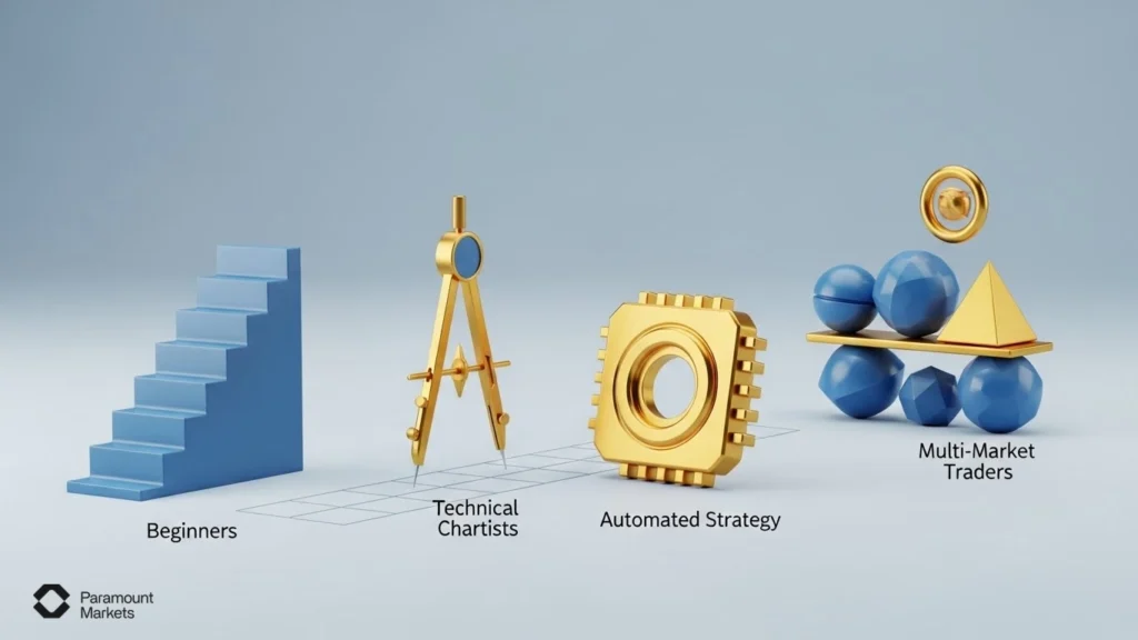 explaining who MetaTrader is best for, categorizing users from beginners and casual traders to technical chartists and automated strategy developers.