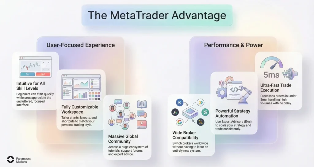 Infographic titled 'The MetaTrader Advantage' detailing key benefits, including user-focused features like customizable workspaces, and high-performance capabilities like ultra-fast trade execution and strategy automation.