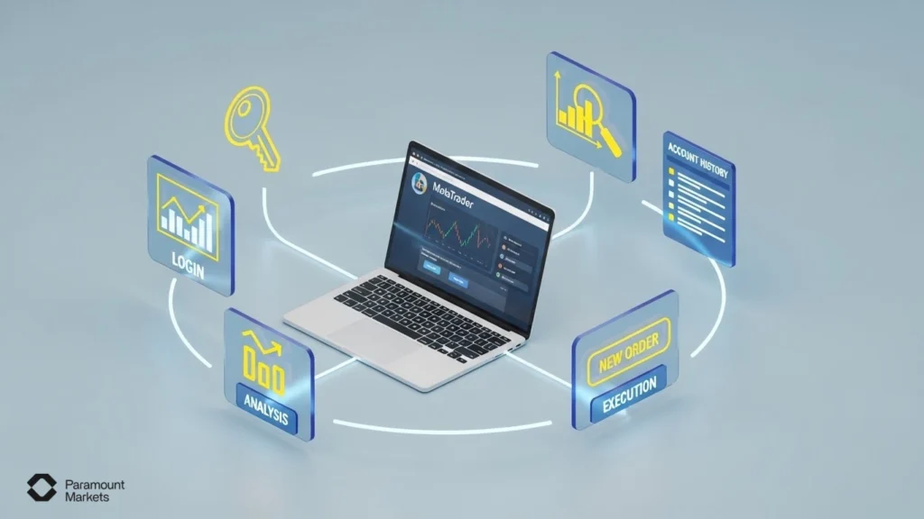 MetaTrader trading dashboard displaying the Market Watch panel, real-time charts, and terminal window to illustrate how the platform works.