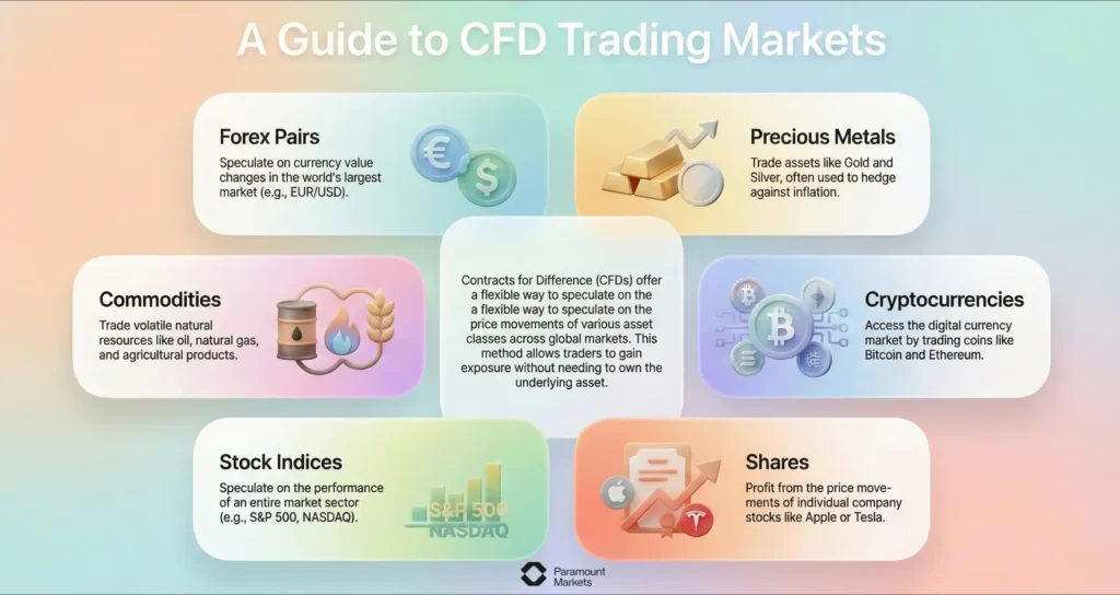 Infographic titled 'A Guide to CFD Trading Markets', displaying available asset classes for trading including Forex pairs, precious metals, commodities, stock indices, cryptocurrencies, and shares.