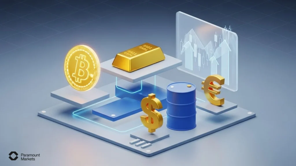 Graphic displaying the diverse markets available for CFD trading, including Forex, shares, indices, commodities, and cryptocurrencies.