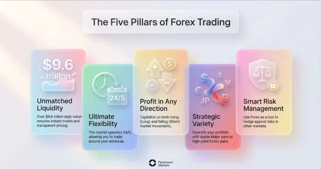Infographic titled 'The Five Pillars of Forex Trading' illustrating why trade forex by highlighting key benefits like unmatched liquidity, 24/5 flexibility, and profit potential in any direction.