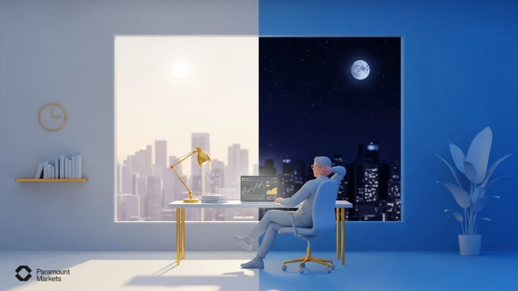 Illustration of global financial centers like New York and Tokyo, representing the 24/5 Forex market hours that offer flexibility to trade around the clock.