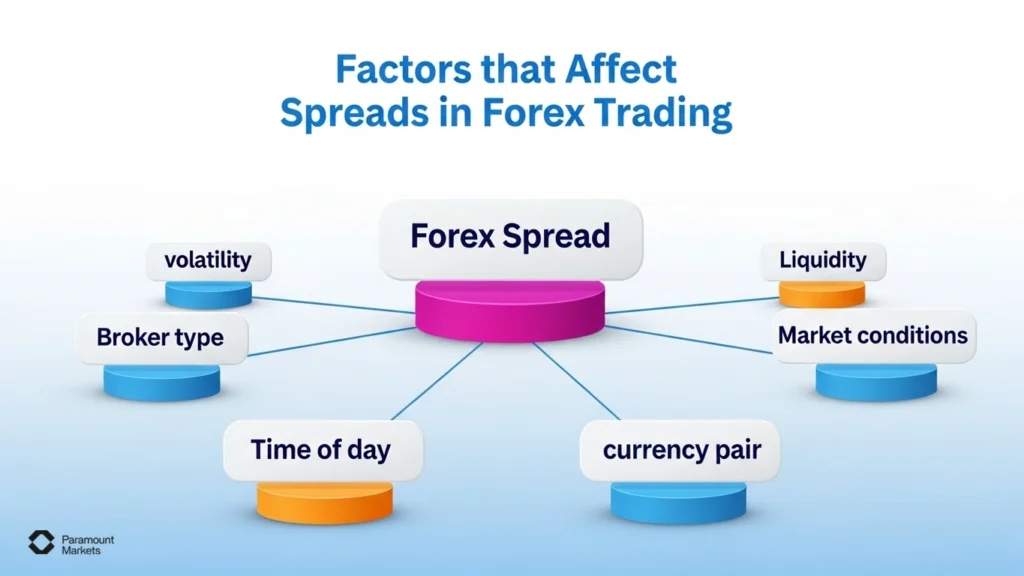 Key factors that affect spreads in forex trading, including market volatility, liquidity, broker type, trading sessions, and currency pairs