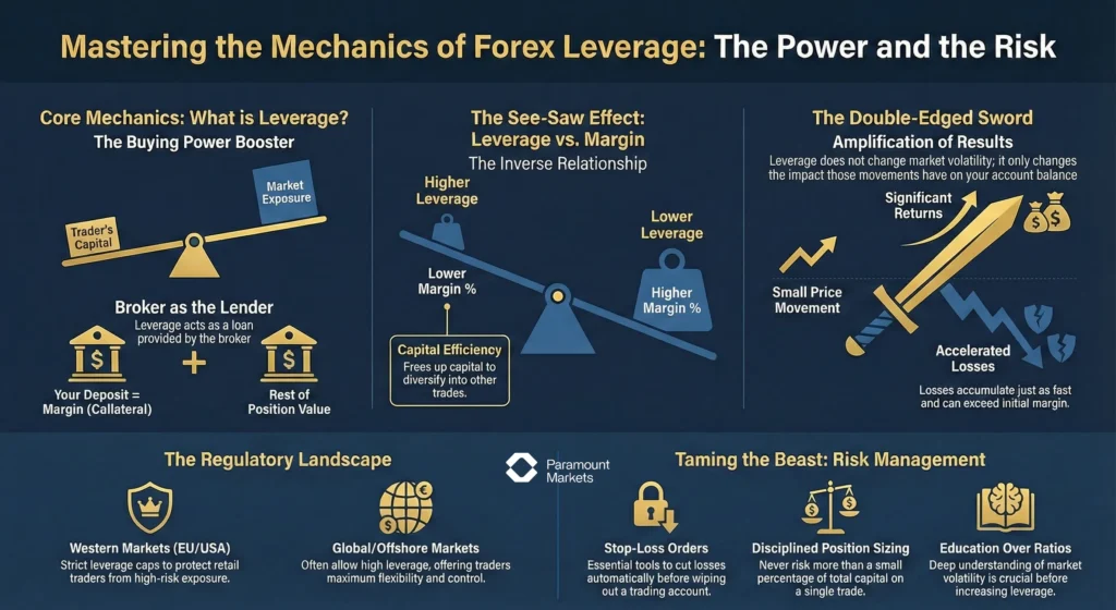 Forex leverage infographic explaining core mechanics, the inverse relationship between leverage and margin, and risk management strategies
