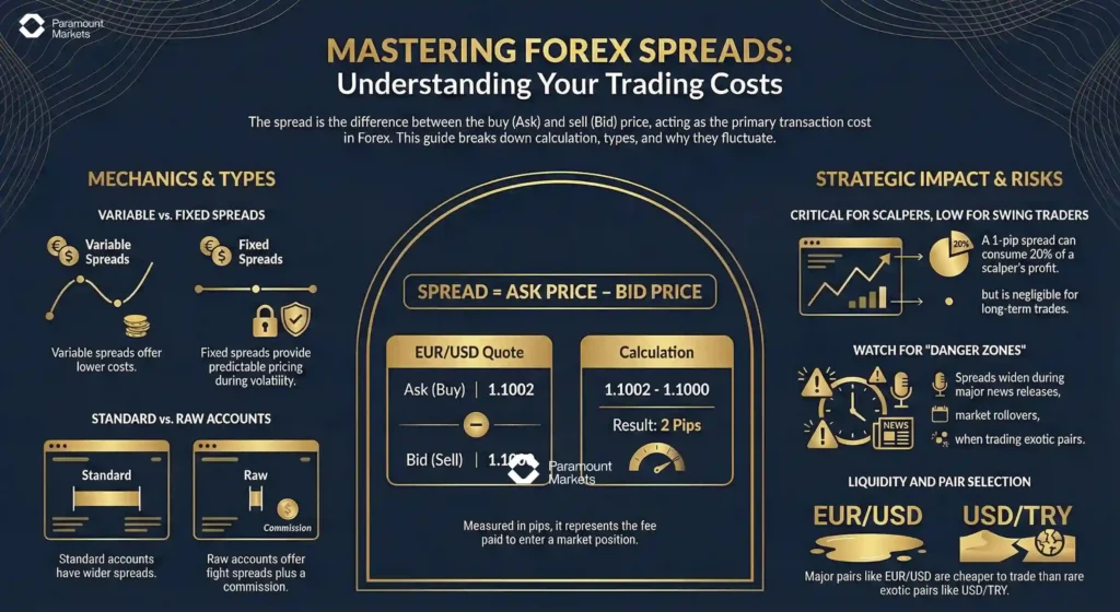 Infographic explaining what a spread is in forex trading, how spreads work, and why they matter in currency markets