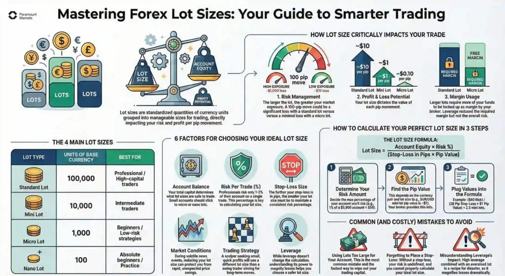 Infographic titled 'Mastering Forex Lot Sizes', explaining what is a lot in forex by detailing the four main lot types (Standard, Mini, Micro, Nano) and how to calculate the ideal size for risk management.